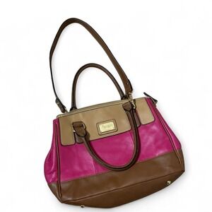 Tignanello Satchel Handbag Pink‎ Brown Beige Colorblock Top Handle Shoulder Bag